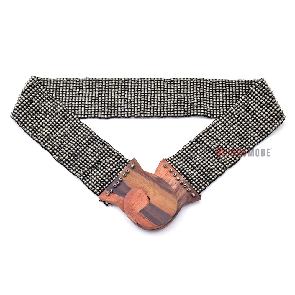 Women's Belt Stretchy Beaded Bali Cinch Belt Wood Clasp - Dark Silver