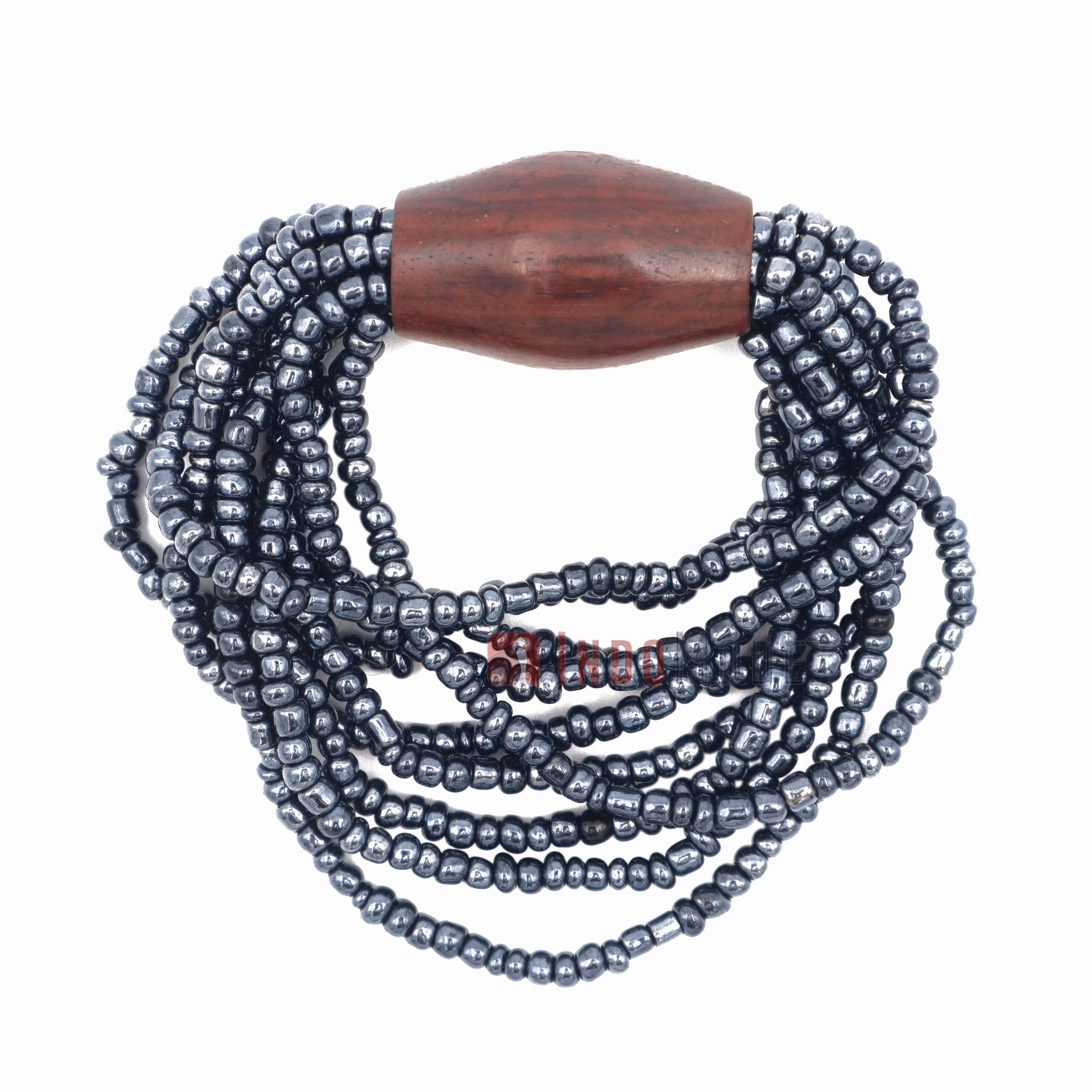 Beautiful Dark Silver 10-Strand Elastic Glass Beaded Bracelet with Dark Hardwood Bead - Image 1