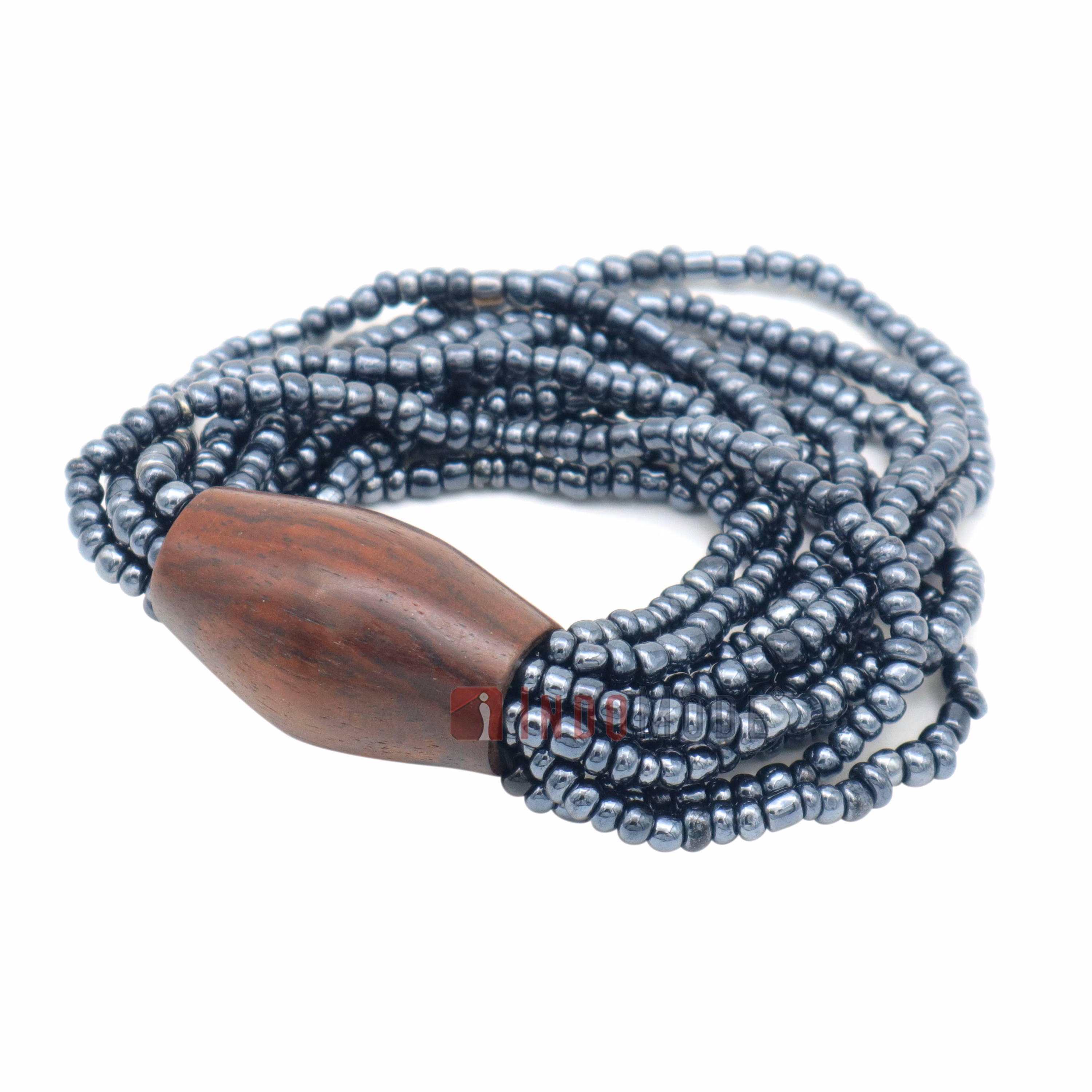 Beautiful Dark Silver 10-Strand Elastic Glass Beaded Bracelet with Dark Hardwood Bead - Image 2
