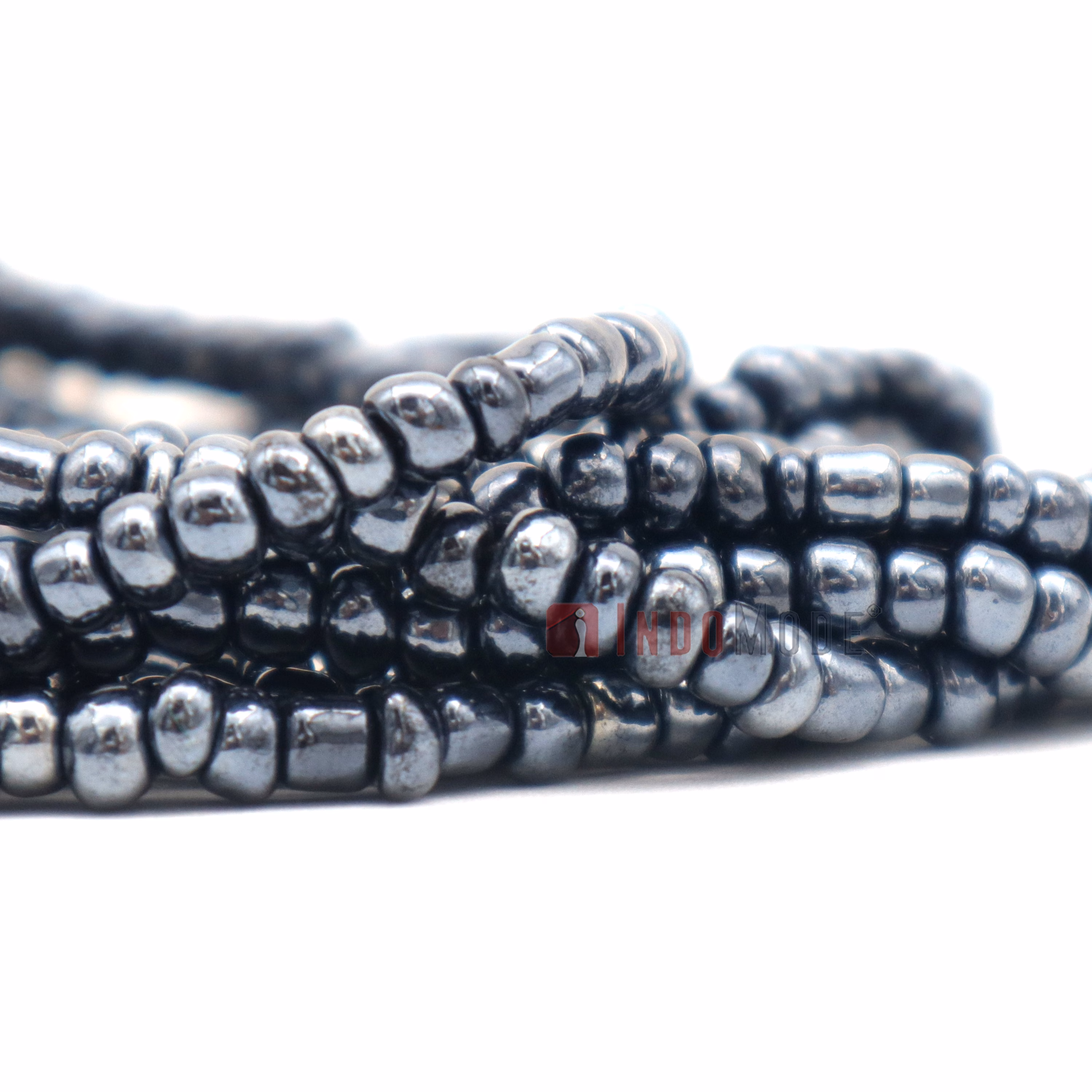 Beautiful Dark Silver 10-Strand Elastic Glass Beaded Bracelet with Dark Hardwood Bead - Image 3