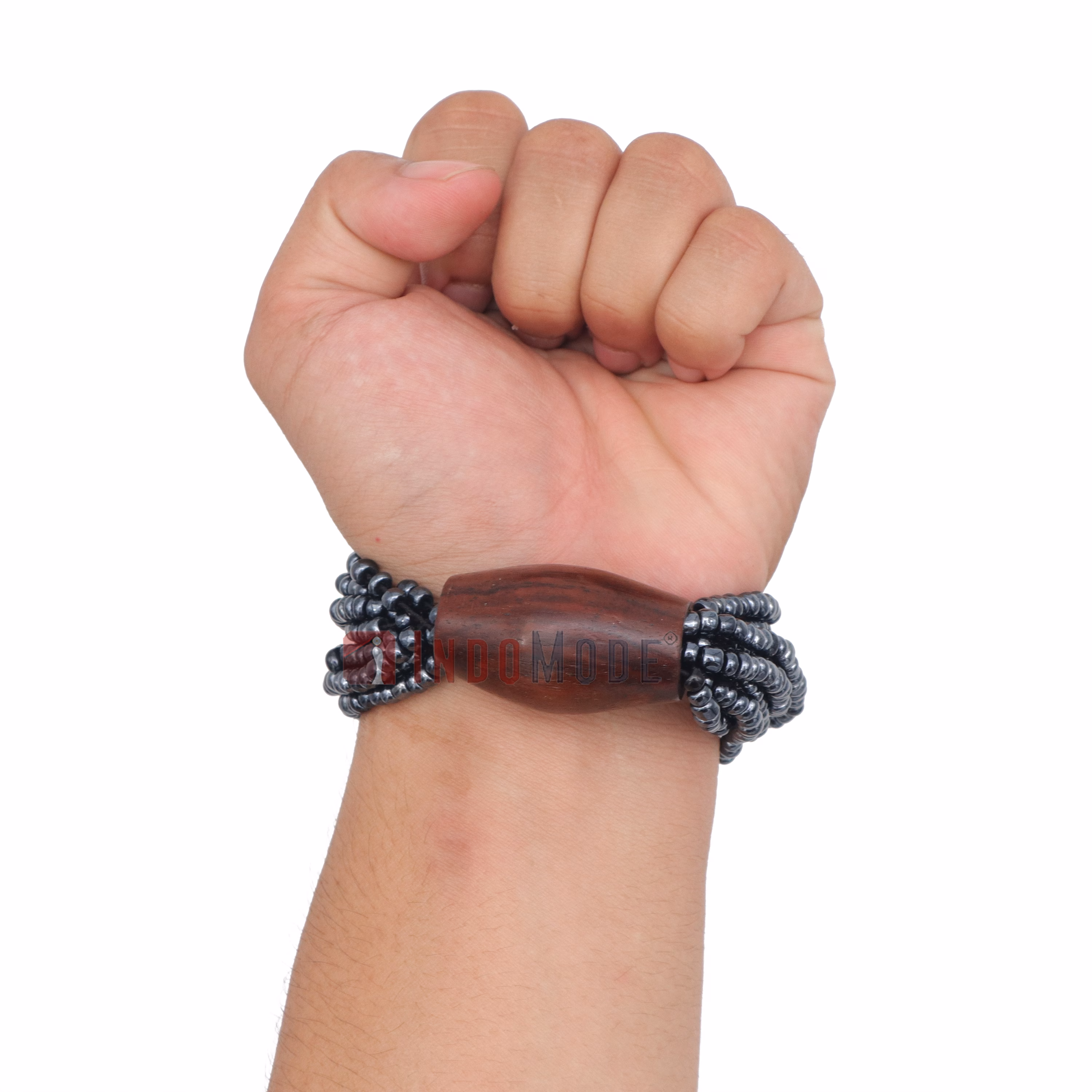 Beautiful Dark Silver 10-Strand Elastic Glass Beaded Bracelet with Dark Hardwood Bead - Image 4