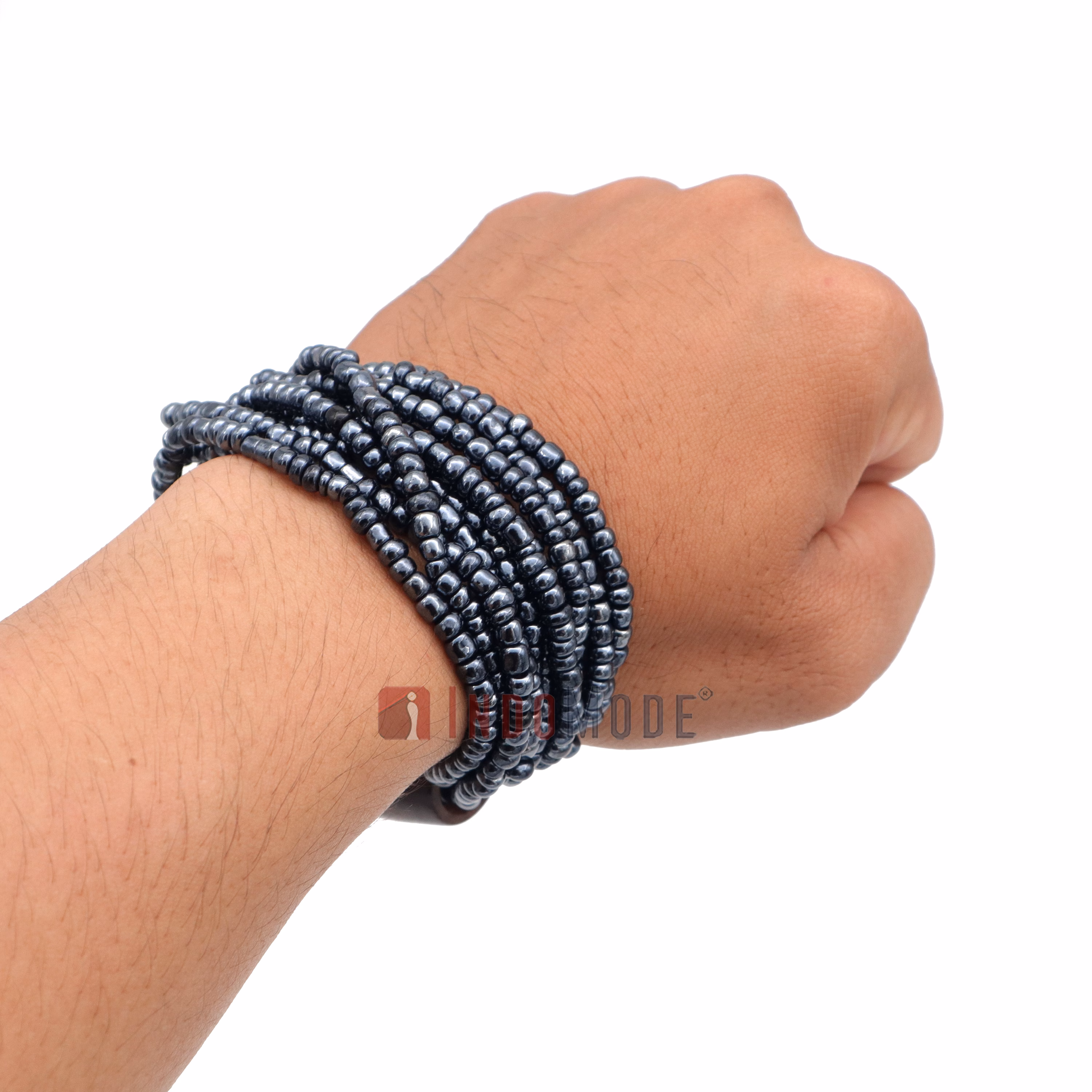 Beautiful Dark Silver 10-Strand Elastic Glass Beaded Bracelet with Dark Hardwood Bead - Image 5