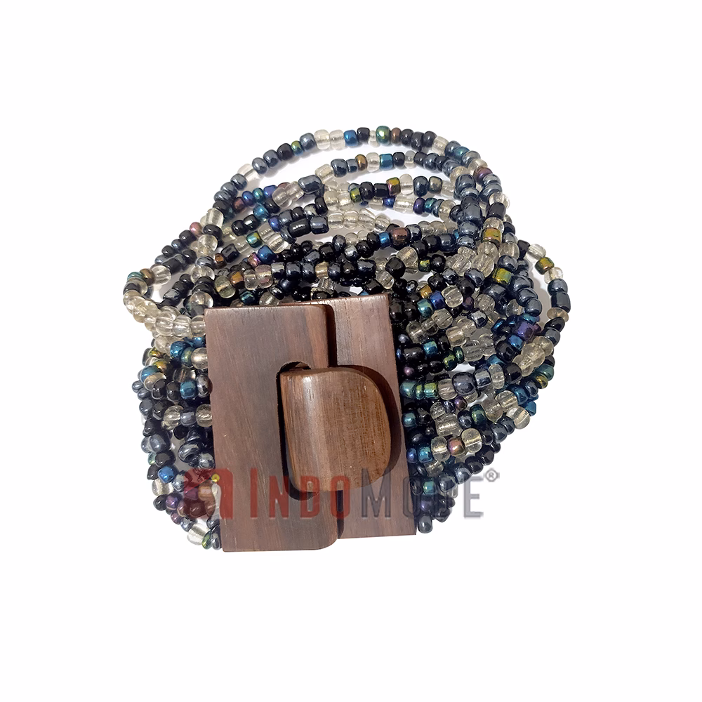Black Rainbow Chrome 14-Strand Beaded Bali Bracelet with Wood Buckle - Image 1