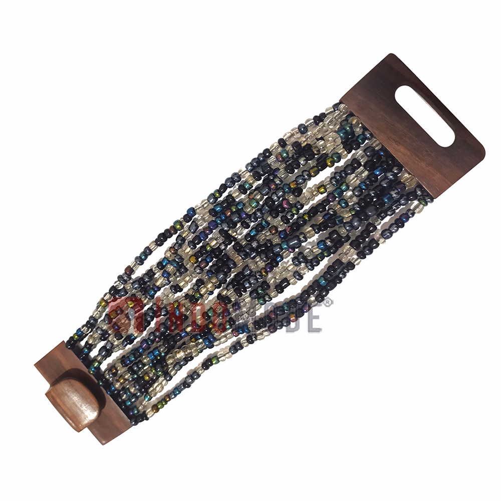 Black Rainbow Chrome 14-Strand Beaded Bali Bracelet with Wood Buckle - Image 2