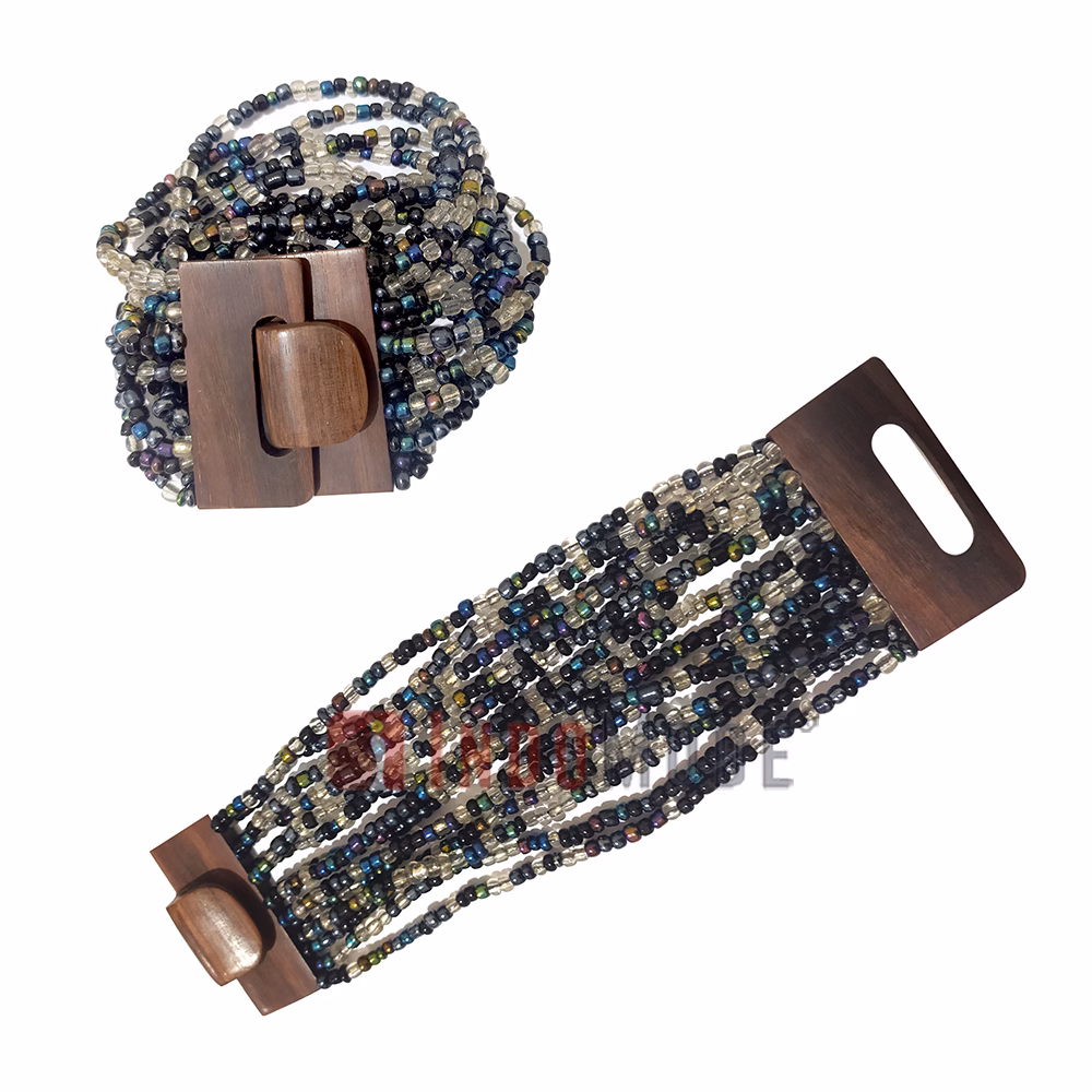 Black Rainbow Chrome 14-Strand Beaded Bali Bracelet with Wood Buckle - Image 3
