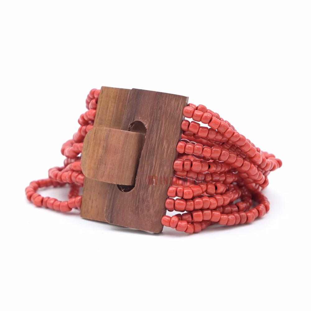 Red Beads Ethnic 14-Strand Bali Bracelet Dark Brown Hardwood Buckle - Image 1