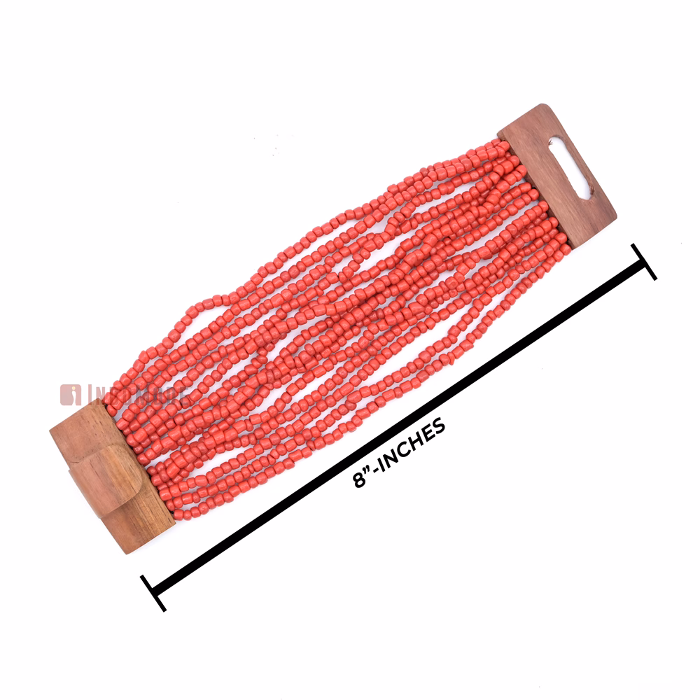 Red Beads Ethnic 14-Strand Bali Bracelet Dark Brown Hardwood Buckle - Image 2