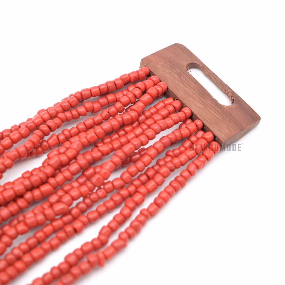 Red Beads Ethnic 14-Strand Bali Bracelet Dark Brown Hardwood Buckle - Image 3