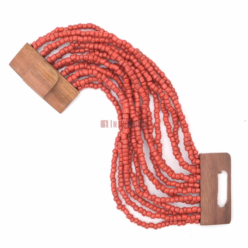 Red Beads Ethnic 14-Strand Bali Bracelet Dark Brown Hardwood Buckle - Image 4