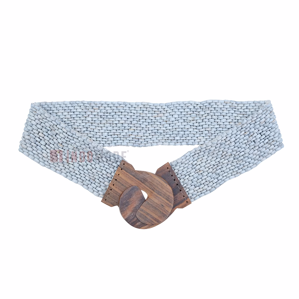 White Belt for Women Handcrafted Coconut Shell Elongated Beaded 2-inch Wide Elastic Stretchy Cinch BALI Fashion Sturdy Belt Wood Hook Clasp - Image 1