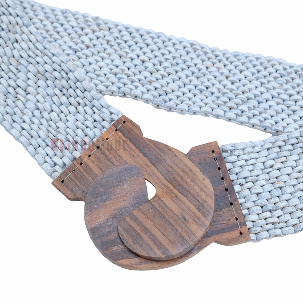 White Belt for Women Handcrafted Coconut Shell Elongated Beaded 2-inch Wide Elastic Stretchy Cinch BALI Fashion Sturdy Belt Wood Hook Clasp - Image 2