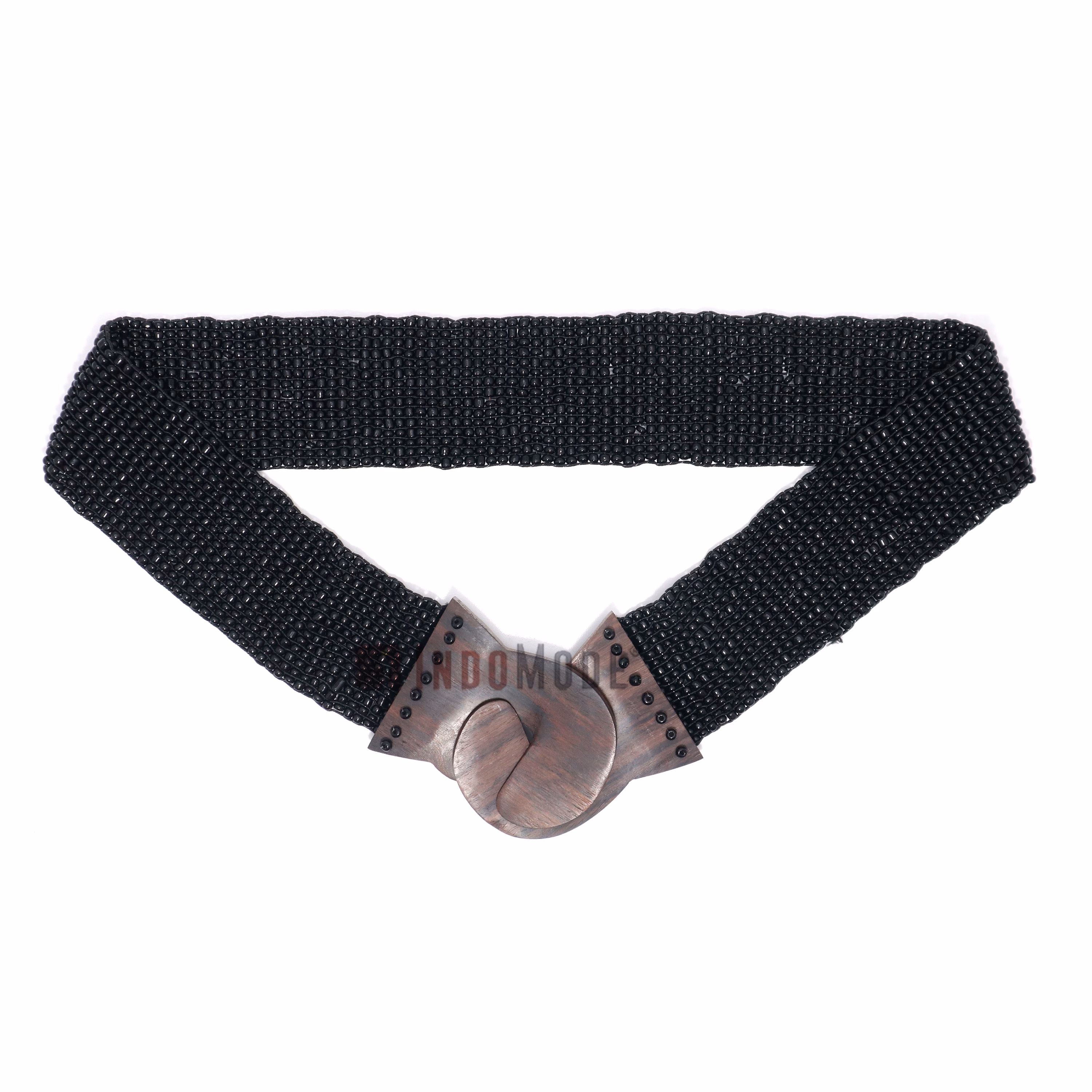 Women's Belt Stretchy Beaded Bali Cinch Belt Wood Clasp - Black - Image 1