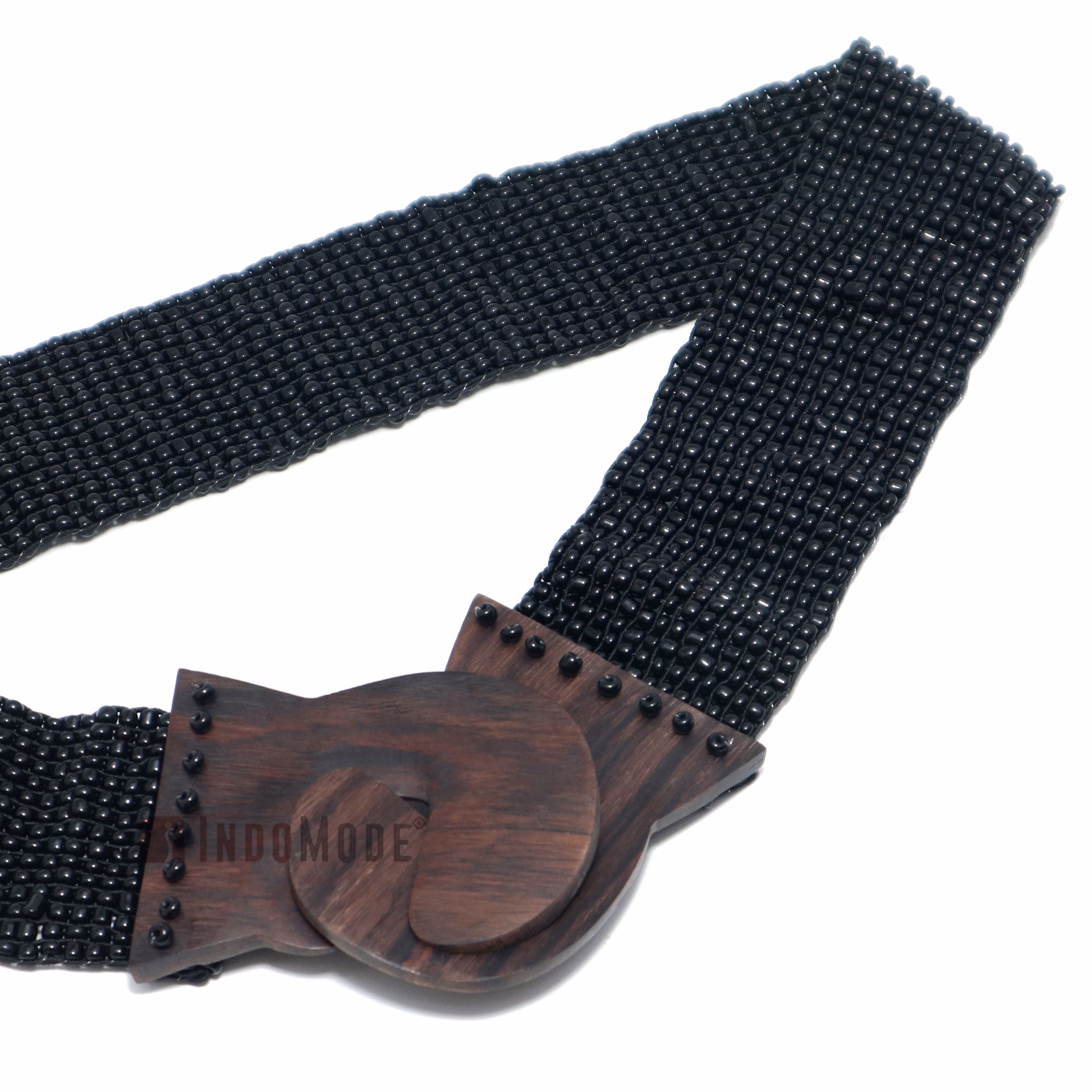 Women's Belt Stretchy Beaded Bali Cinch Belt Wood Clasp - Black - Image 2