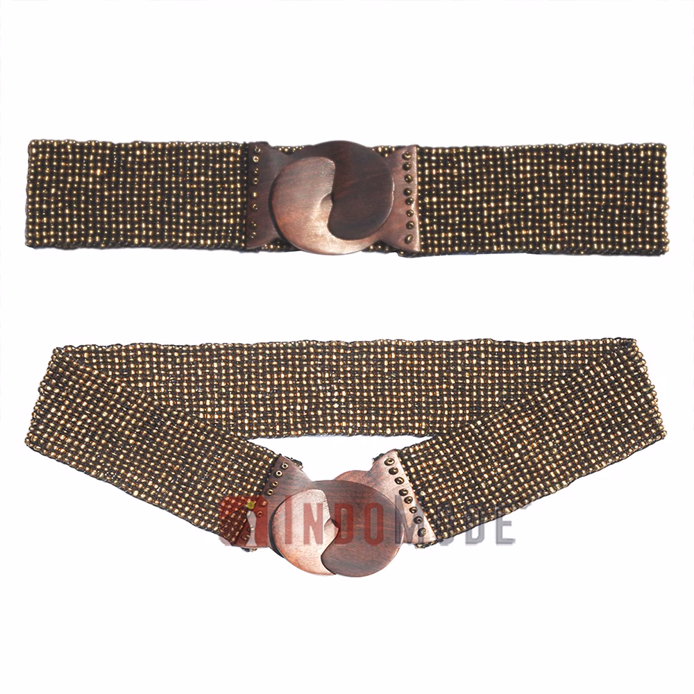 Women's Belt Stretchy Beaded Bali Cinch Belt Wood Clasp - Gold - Image 1