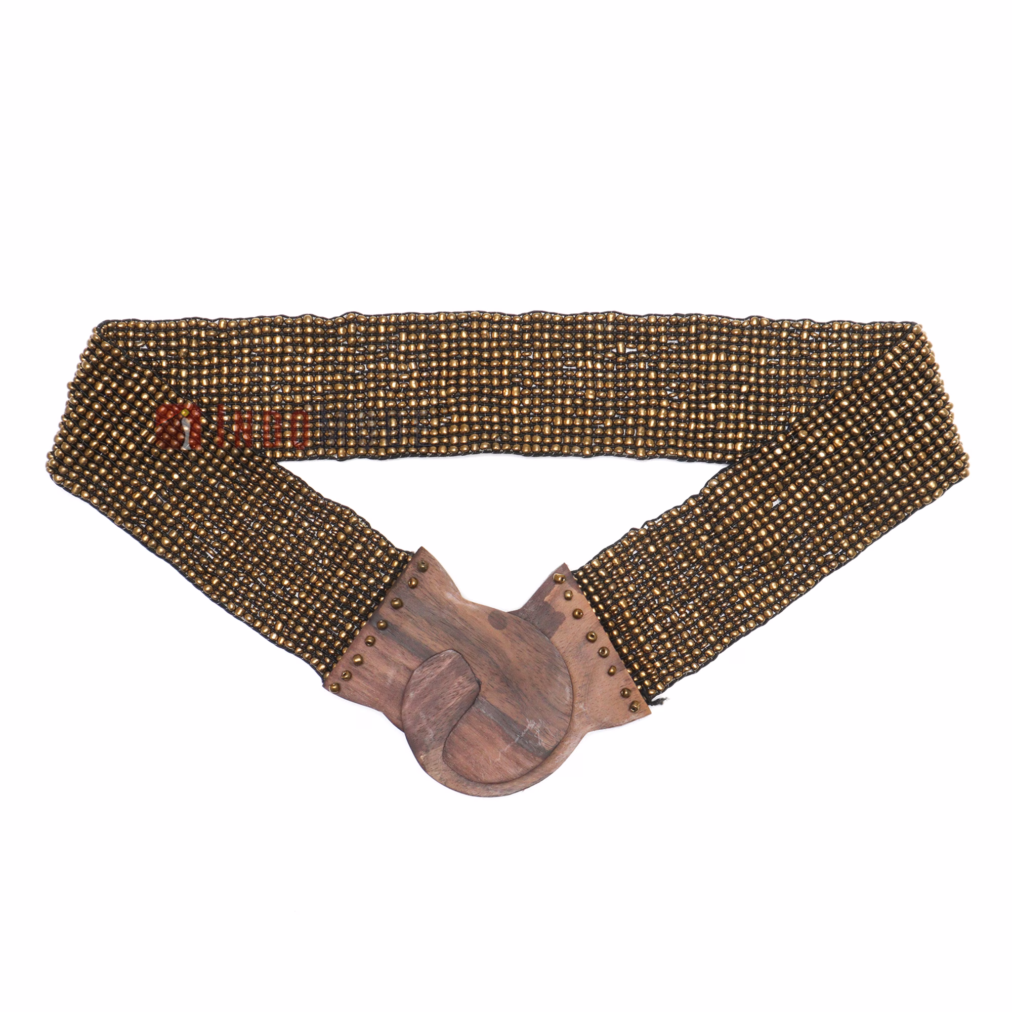 Women's Belt Stretchy Beaded Bali Cinch Belt Wood Clasp - Gold - Image 2