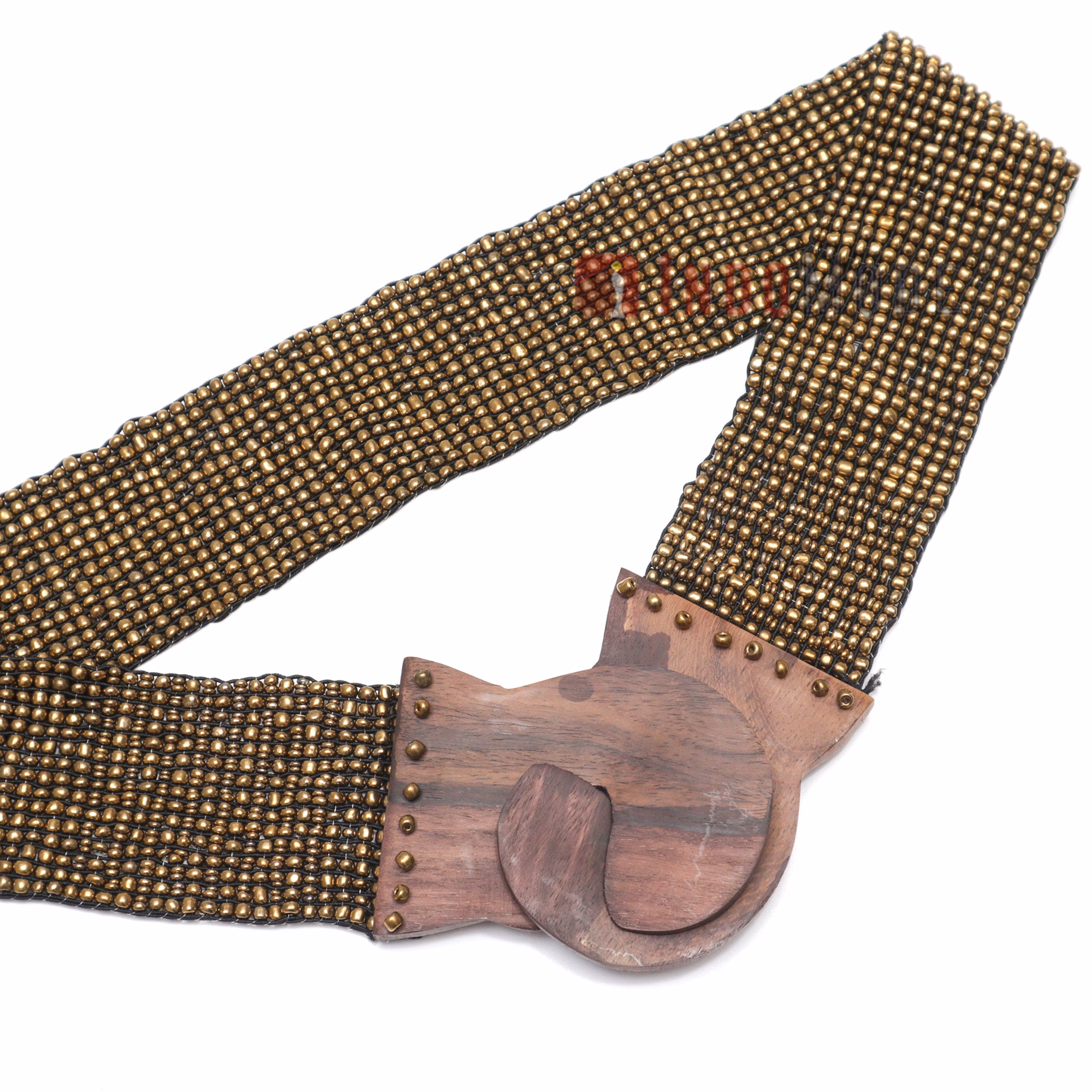 Women's Belt Stretchy Beaded Bali Cinch Belt Wood Clasp - Gold - Image 3