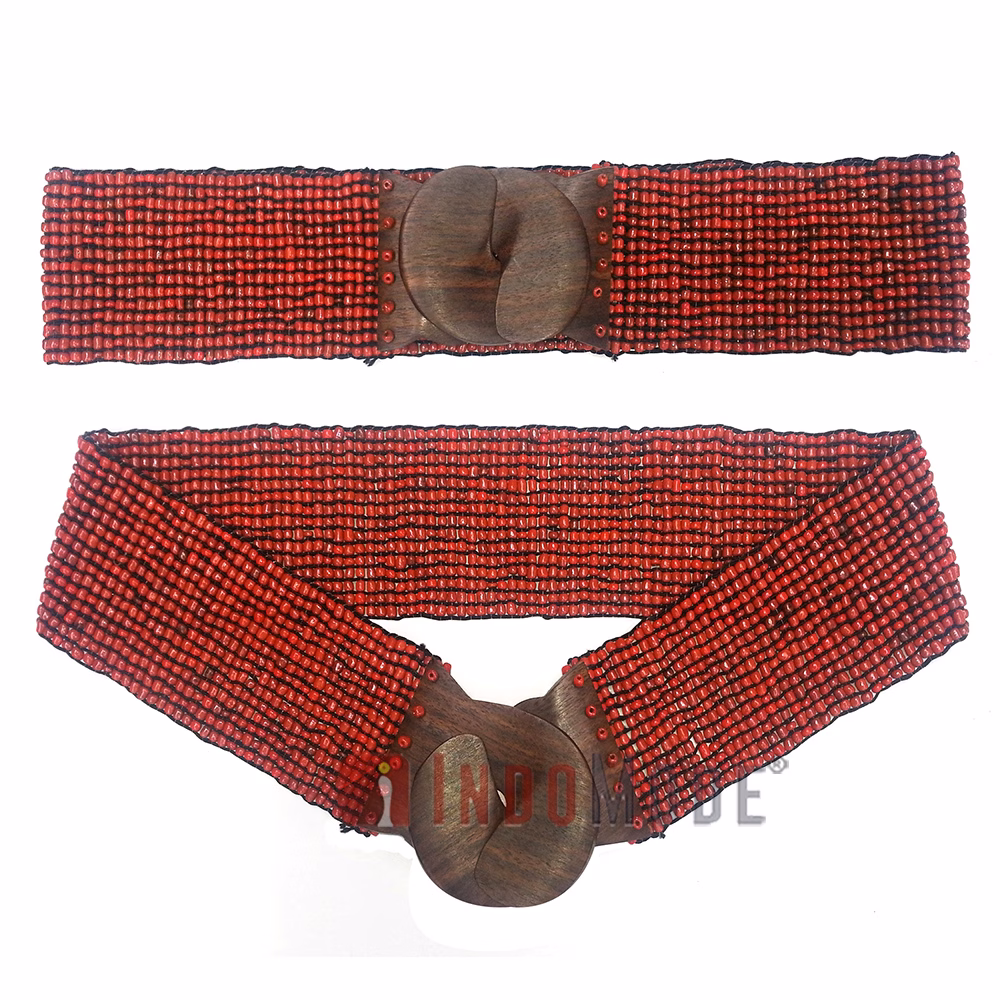 Women's Belt Stretchy Beaded Bali Cinch Belt Wood Clasp - Red - Image 1