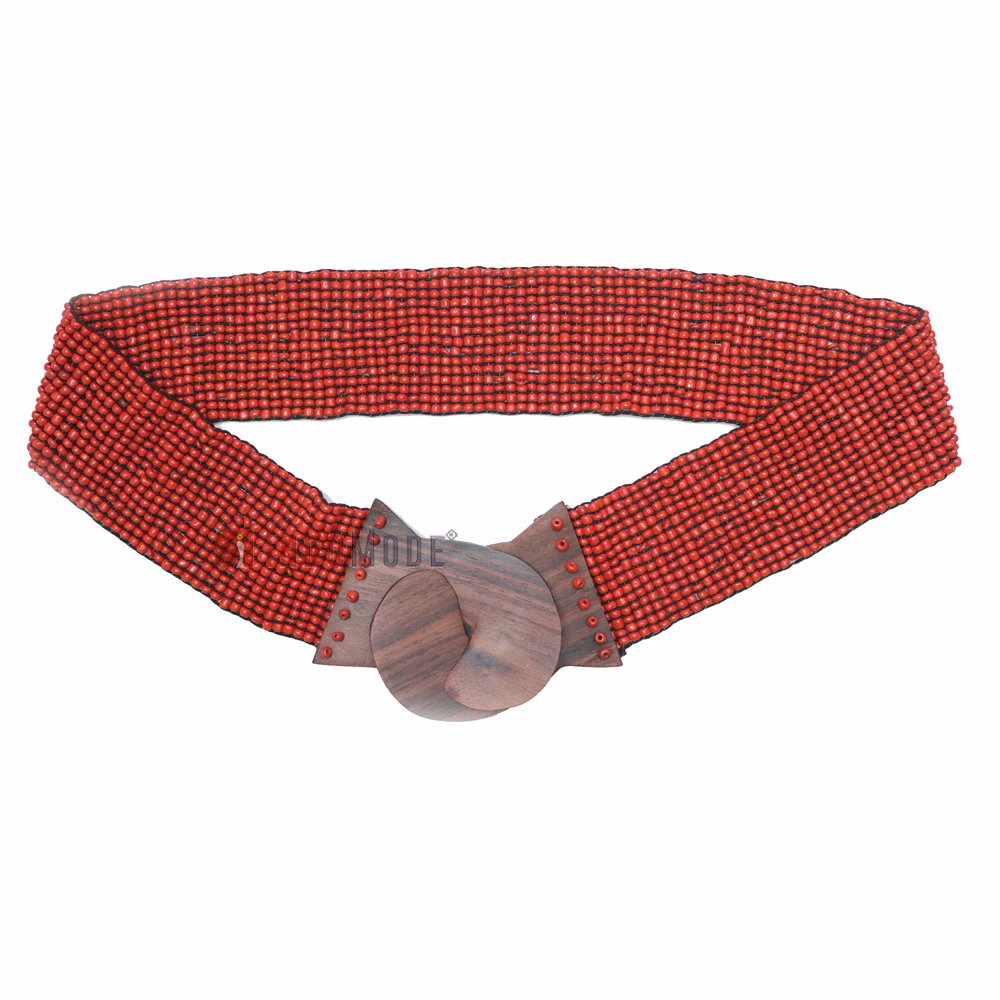Women's Belt Stretchy Beaded Bali Cinch Belt Wood Clasp - Red - Image 2