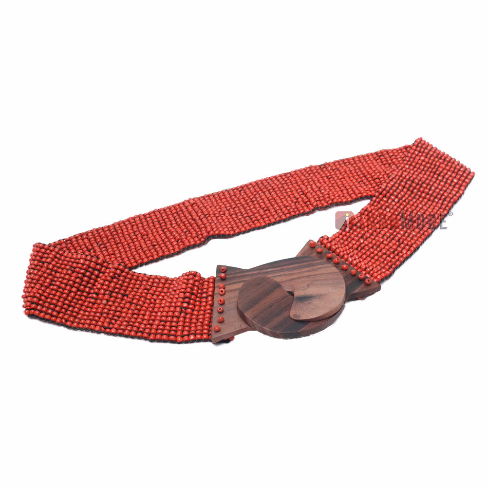 Women's Belt Stretchy Beaded Bali Cinch Belt Wood Clasp - Red - Image 3