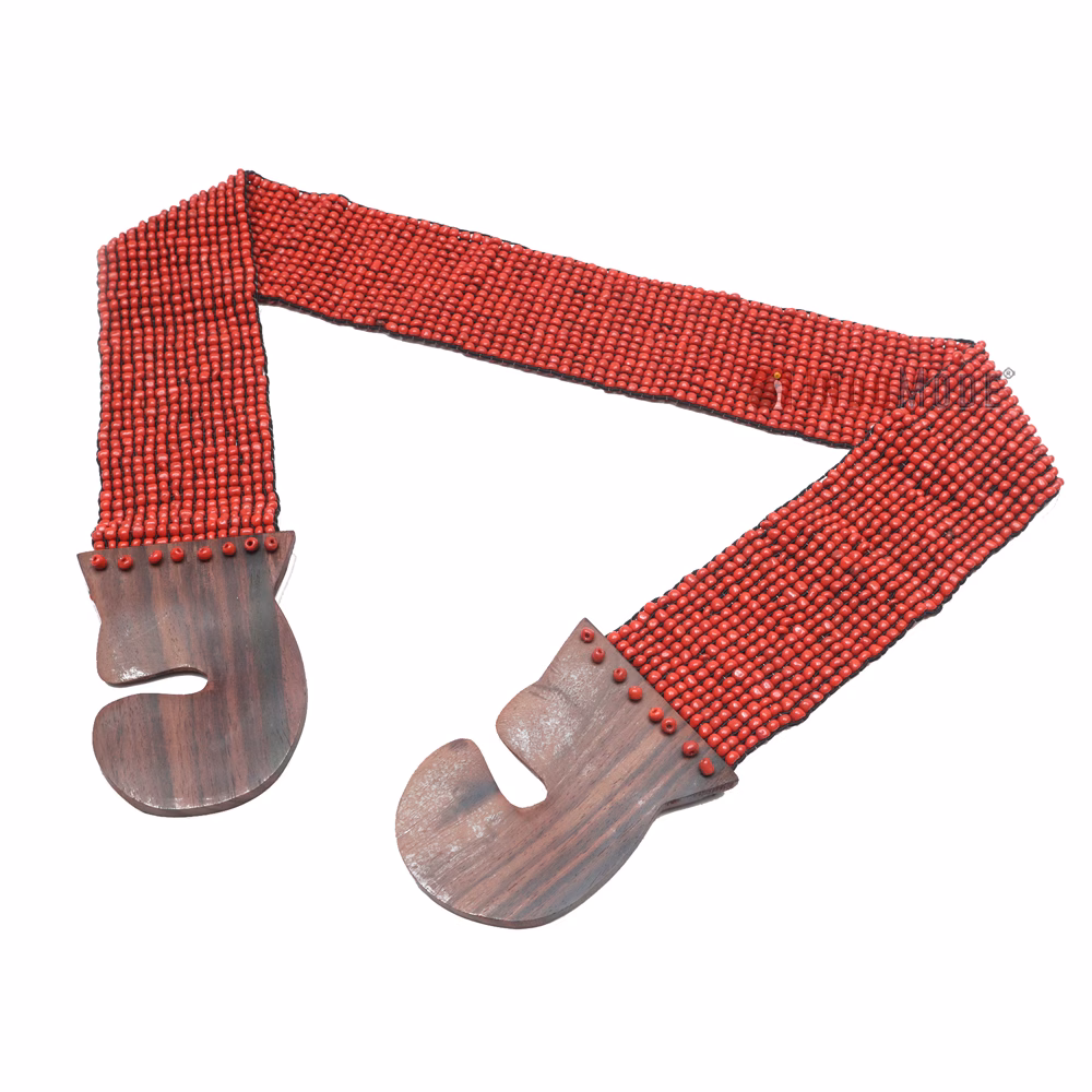 Women's Belt Stretchy Beaded Bali Cinch Belt Wood Clasp - Red - Image 4