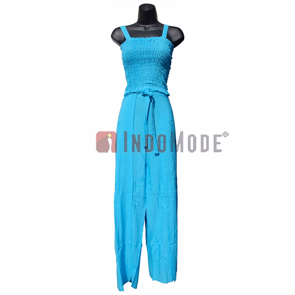 Plain Turquoise Embroidered Wrap Pants with Free Shirred Top Comfortable One-Size - Image 1