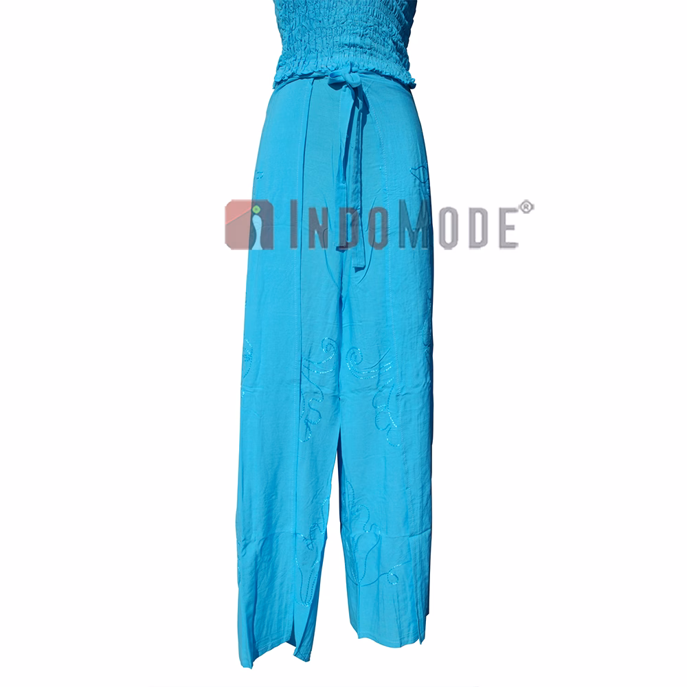 Plain Turquoise Embroidered Wrap Pants with Free Shirred Top Comfortable One-Size - Image 3