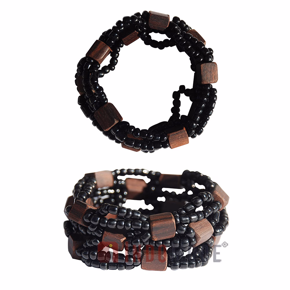 Black Original Glass Beaded 10-Strand Elastic Bracelet with Square Wooden Beads