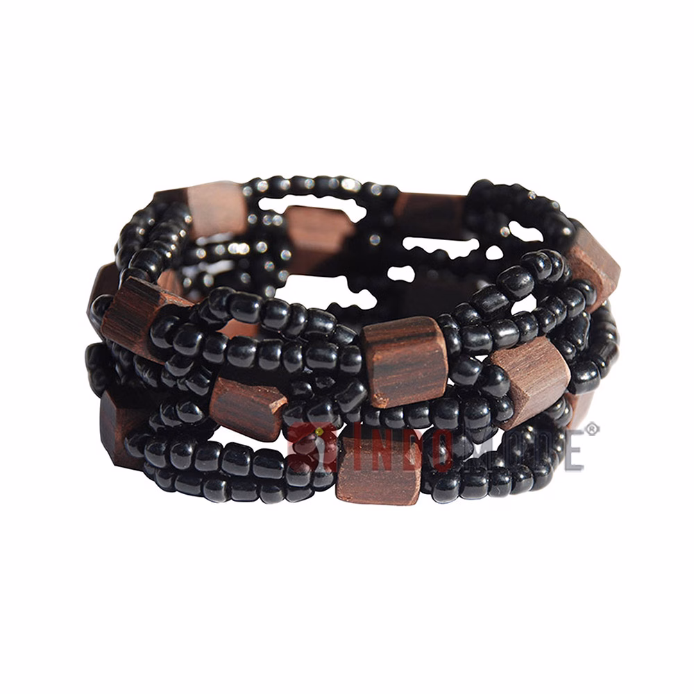 Black Original Glass Beaded 10-Strand Elastic Bracelet with Square Wooden Beads