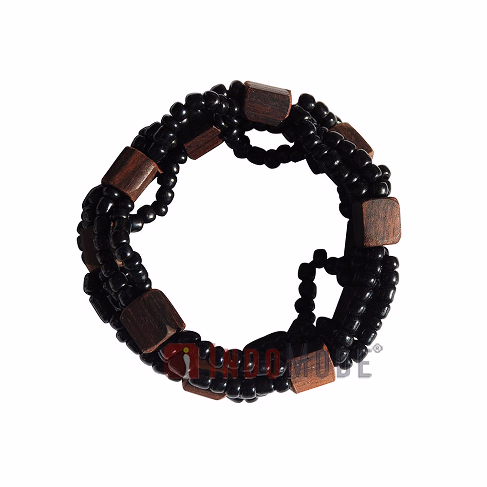 Black Original Glass Beaded 10-Strand Elastic Bracelet with Square Wooden Beads