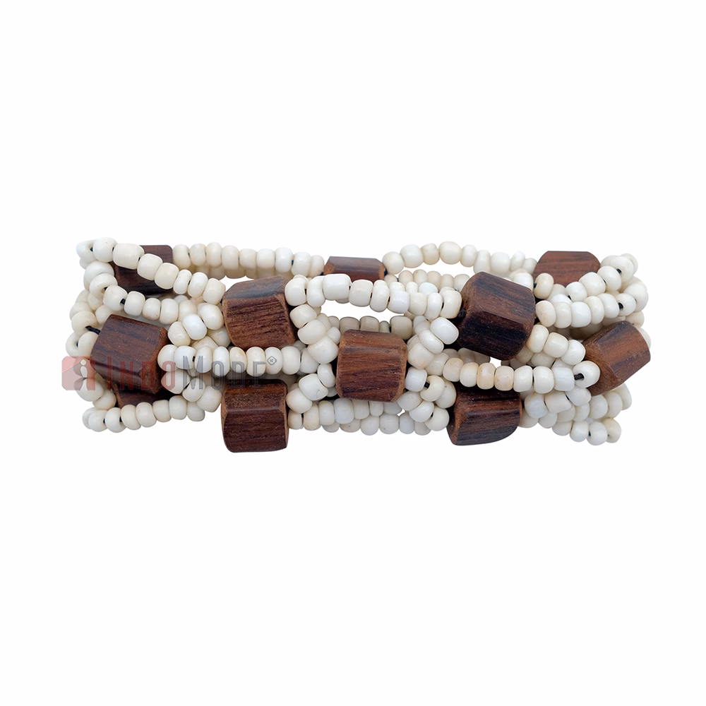 Rustic Bone White Original Glass Beaded 10-Strand Elastic Bracelet with Square Wooden Beads
