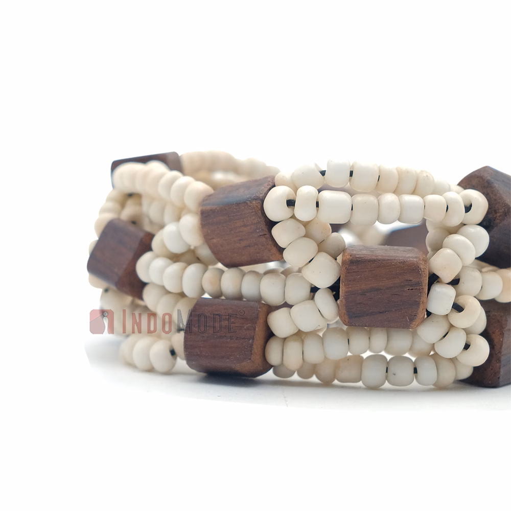 Rustic Bone White Original Glass Beaded 10-Strand Elastic Bracelet with Square Wooden Beads - Image 2