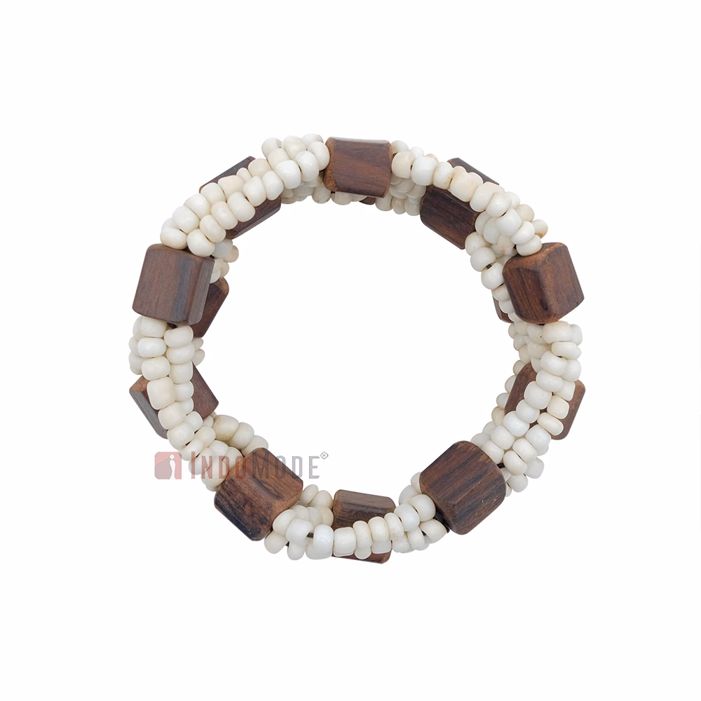 Rustic Bone White Original Glass Beaded 10-Strand Elastic Bracelet with Square Wooden Beads - Image 3