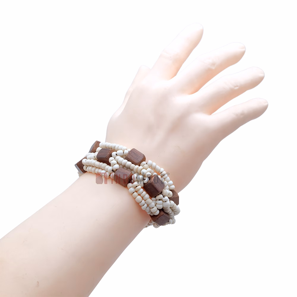 Rustic Bone White Original Glass Beaded 10-Strand Elastic Bracelet with Square Wooden Beads - Image 4