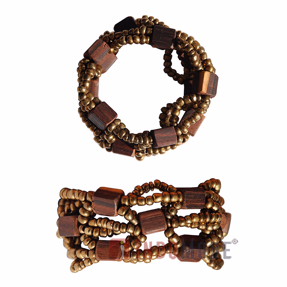 Gold Original Glass Beaded 10-Strand Elastic Bracelet with Square Wooden Beads