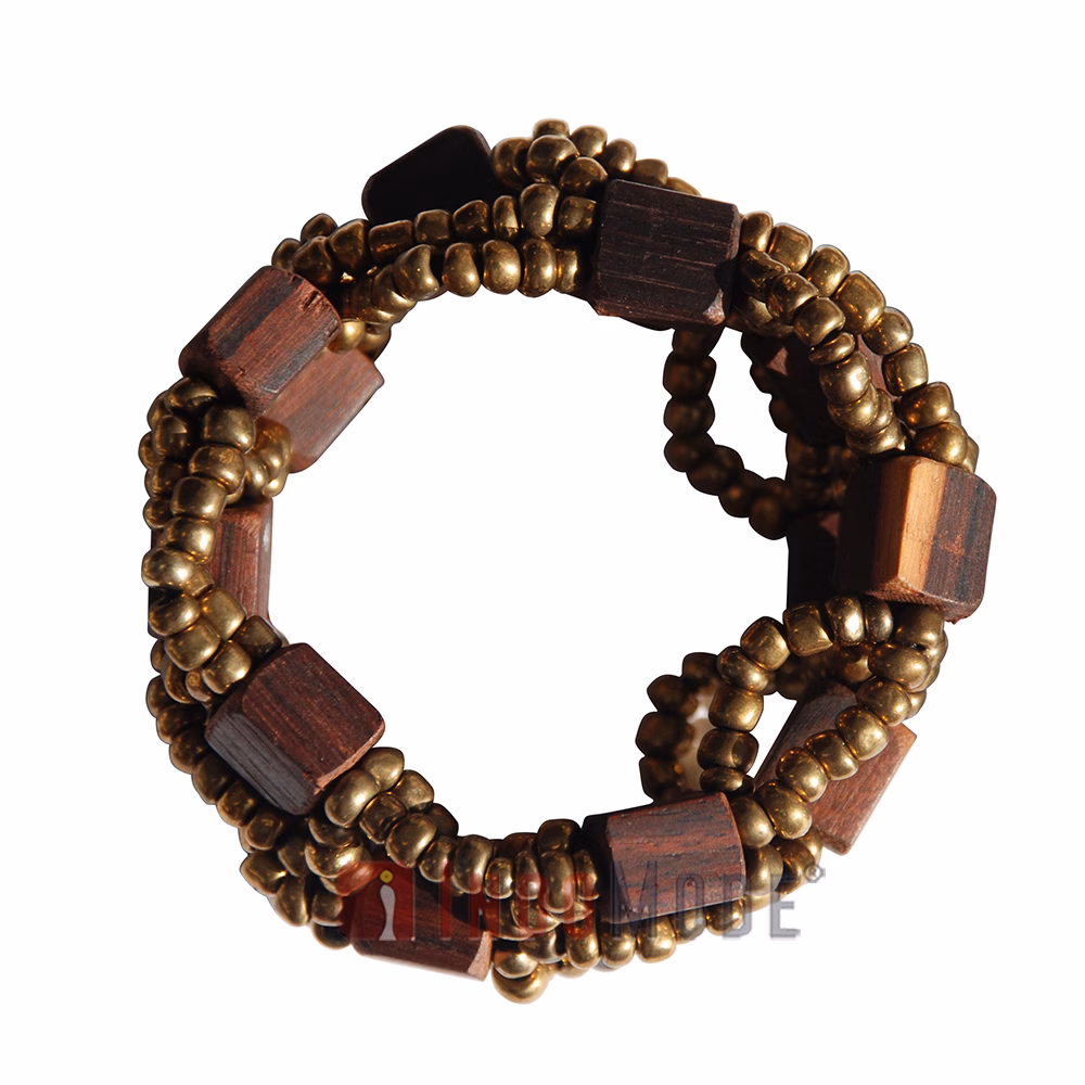 Gold Original Glass Beaded 10-Strand Elastic Bracelet with Square Wooden Beads - Image 2