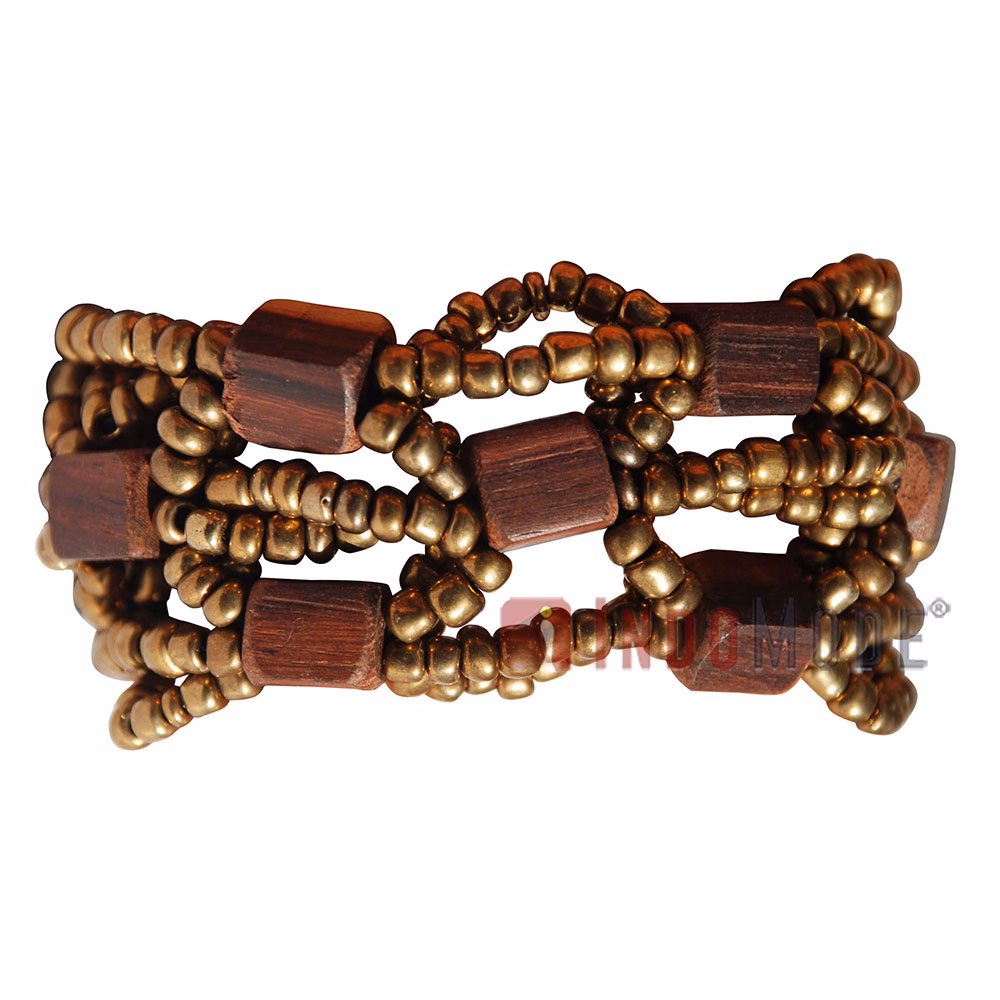 Gold Original Glass Beaded 10-Strand Elastic Bracelet with Square Wooden Beads - Image 3