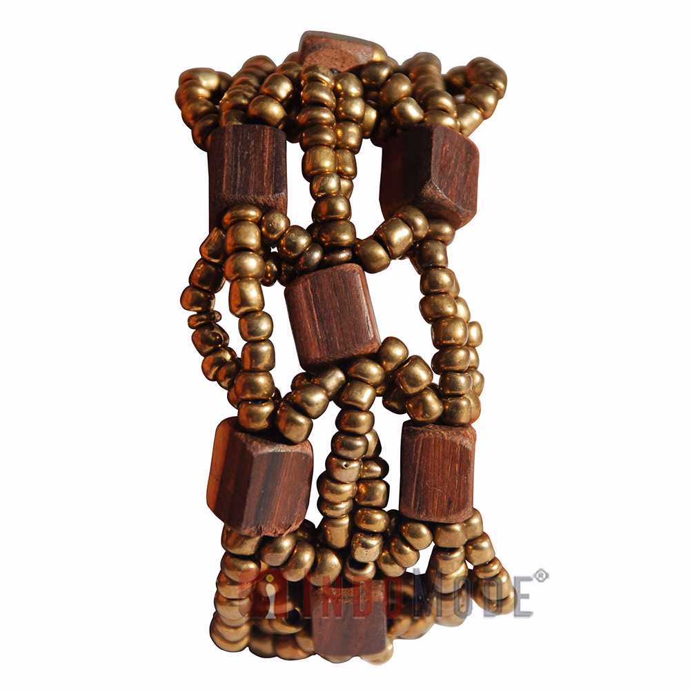 Gold Original Glass Beaded 10-Strand Elastic Bracelet with Square Wooden Beads - Image 4