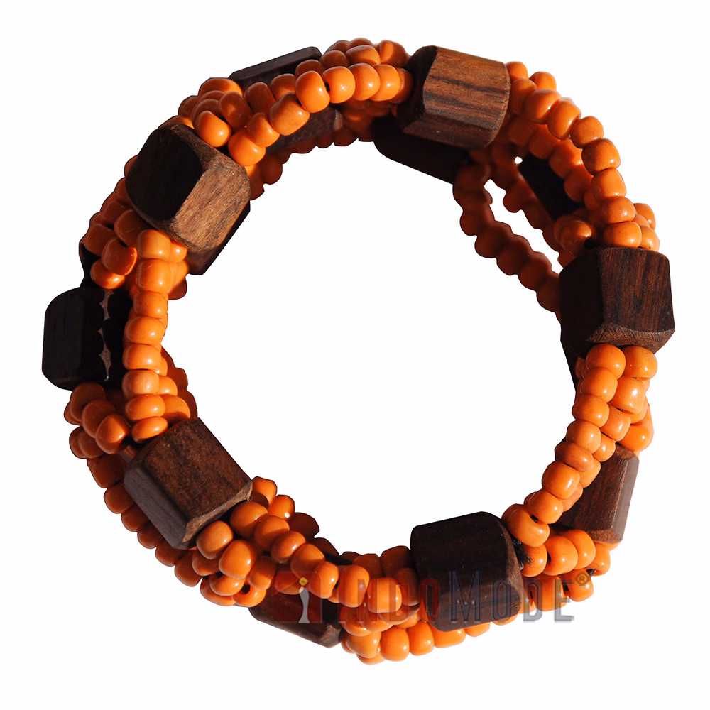Orange Original Glass Beaded 10-Strand Elastic Bracelet with Square Wooden Beads