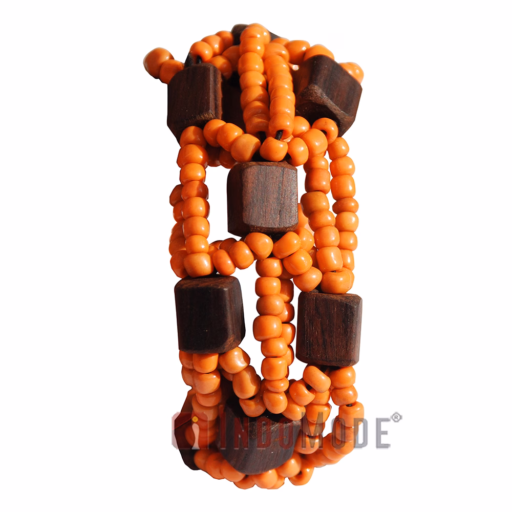 Orange Original Glass Beaded 10-Strand Elastic Bracelet with Square Wooden Beads