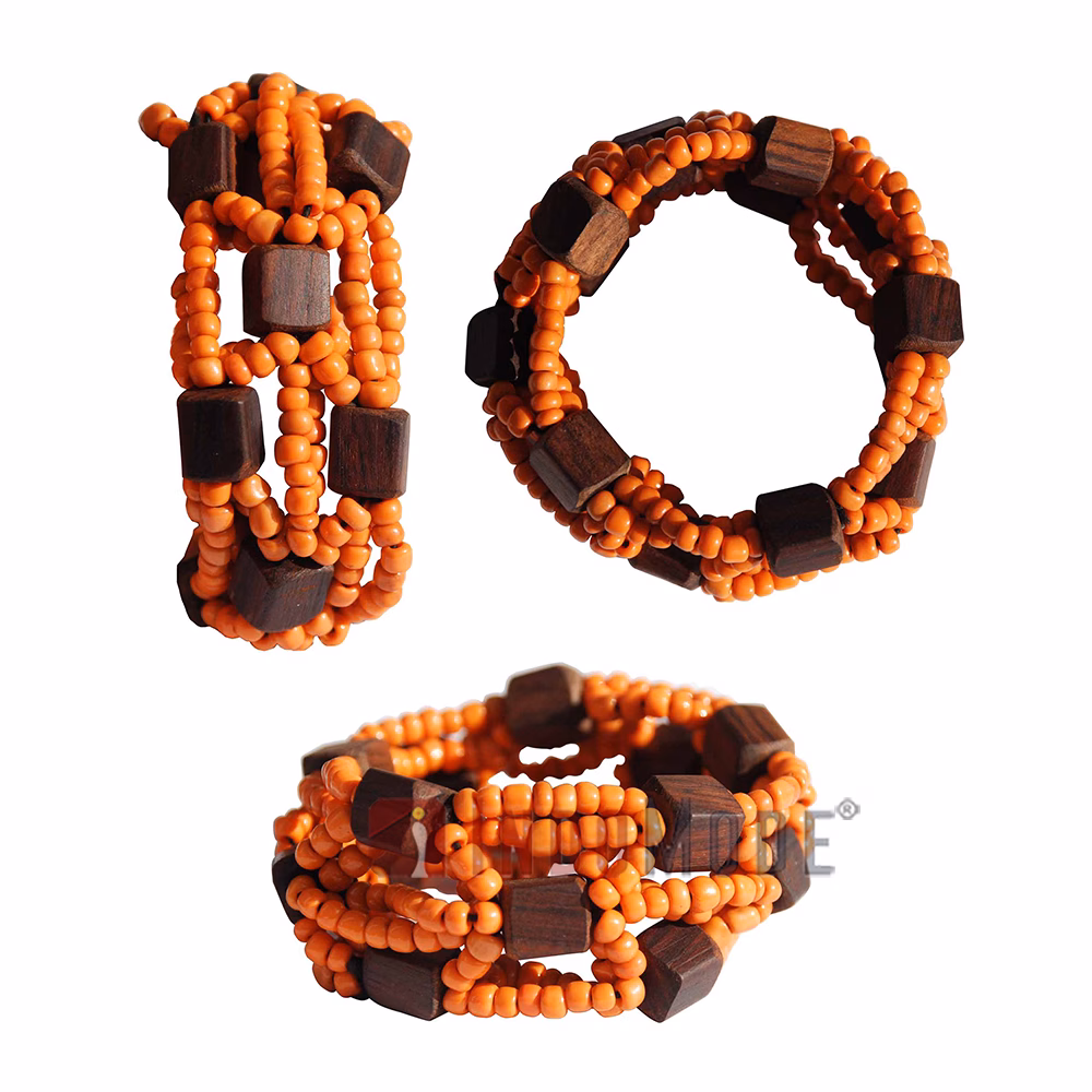 Orange Original Glass Beaded 10-Strand Elastic Bracelet with Square Wooden Beads