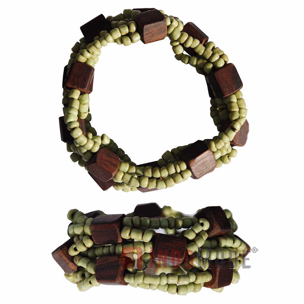 Parrot Green Glass Beaded 10-Strand Elastic Bracelet with Square Wooden Beads