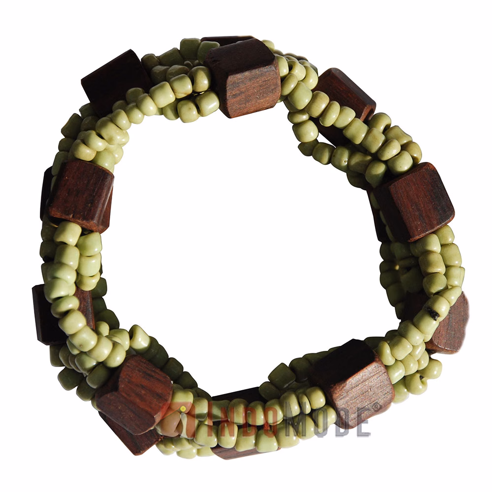 Parrot Green Glass Beaded 10-Strand Elastic Bracelet with Square Wooden Beads - Image 2