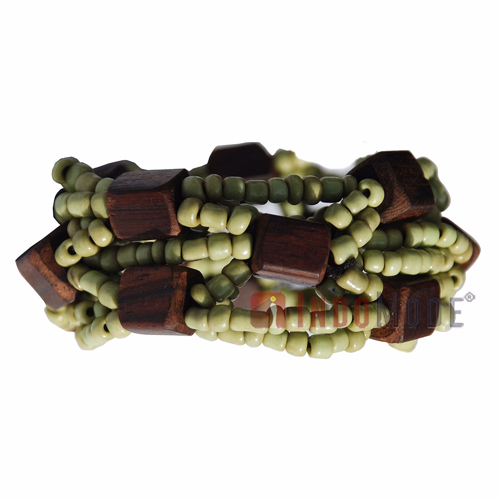 Parrot Green Glass Beaded 10-Strand Elastic Bracelet with Square Wooden Beads - Image 3