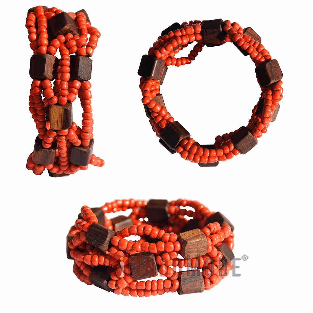 Red Original Glass Beaded 10-Strand Elastic Bracelet with Square Wooden Beads