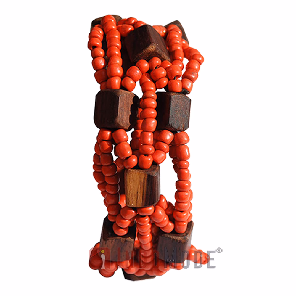 Red Original Glass Beaded 10-Strand Elastic Bracelet with Square Wooden Beads