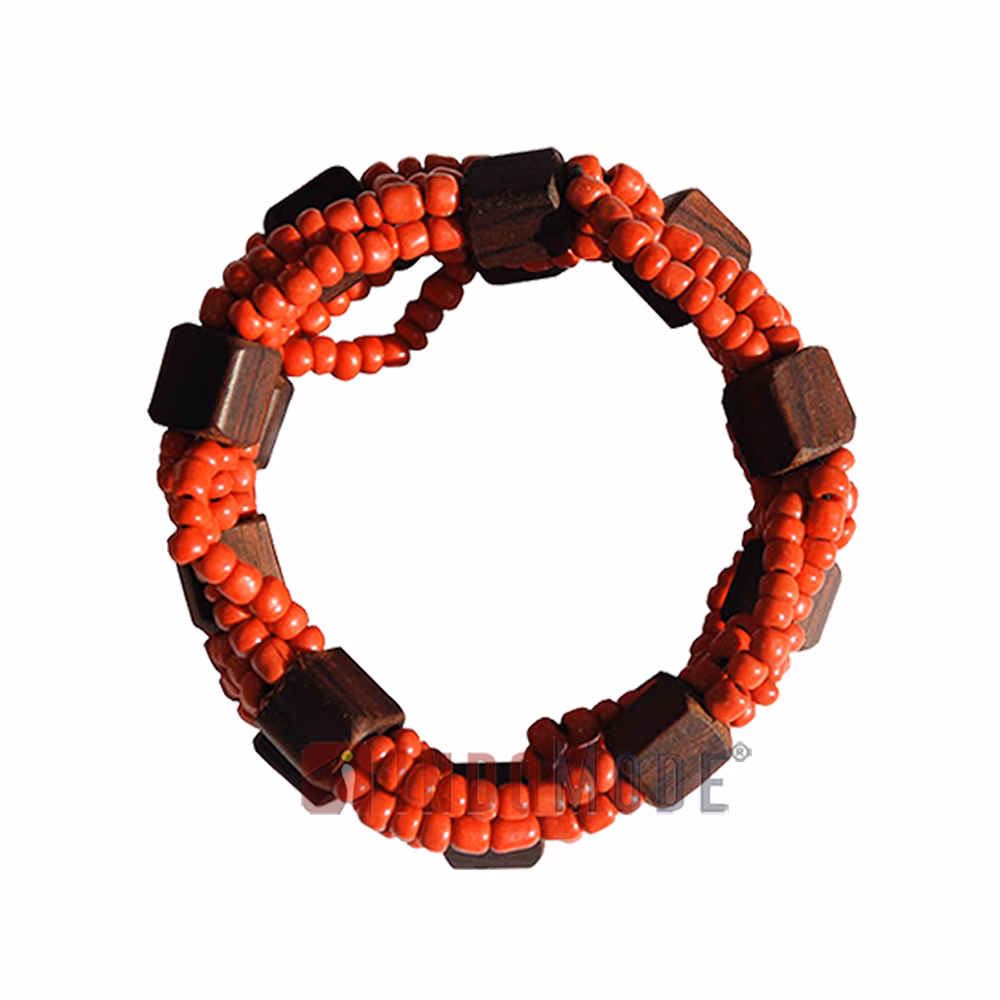 Red Original Glass Beaded 10-Strand Elastic Bracelet with Square Wooden Beads