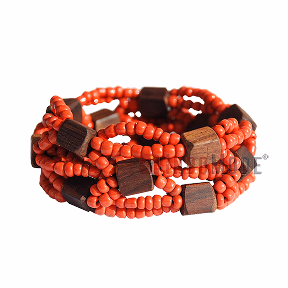 Red Original Glass Beaded 10-Strand Elastic Bracelet with Square Wooden Beads