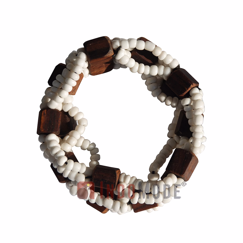 White Original Glass Beaded 10-Strand Elastic Bracelet with Square Wooden Beads