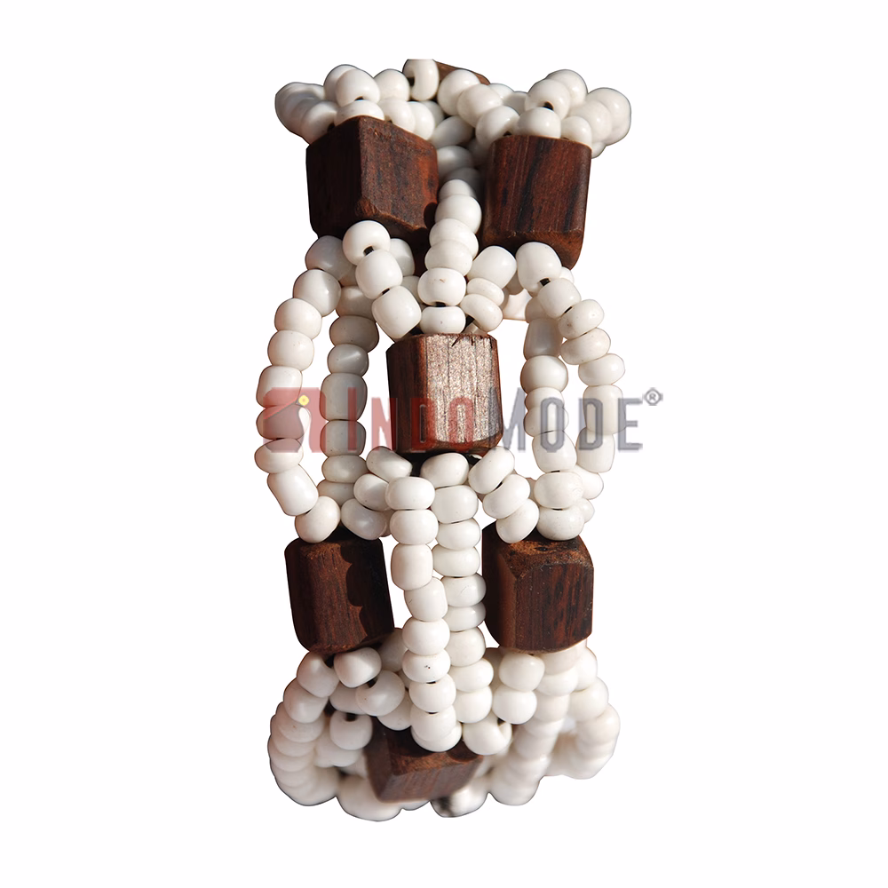 White Original Glass Beaded 10-Strand Elastic Bracelet with Square Wooden Beads - Image 2