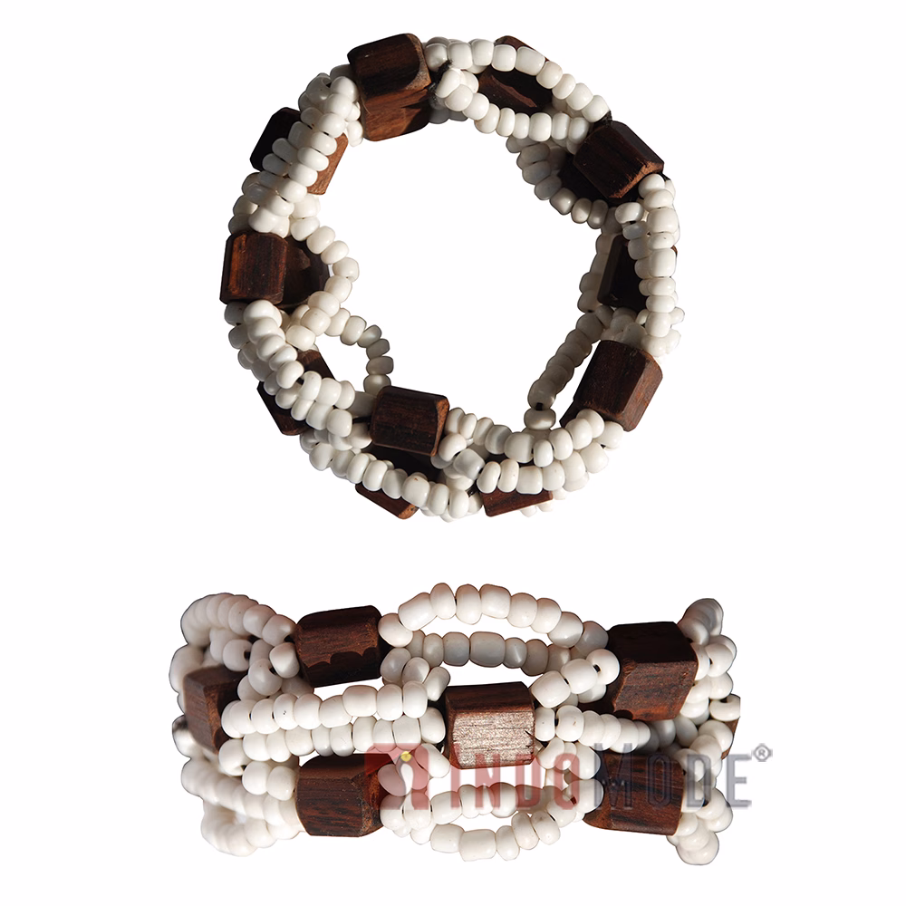 White Original Glass Beaded 10-Strand Elastic Bracelet with Square Wooden Beads - Image 3